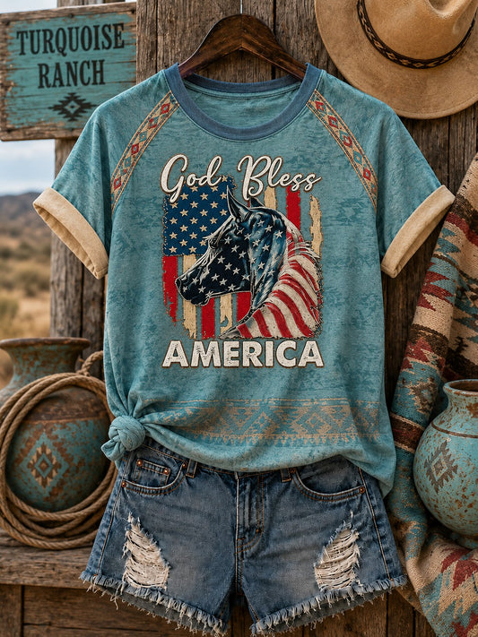 Women's God Bless America Horse Printed Off-shoulder T-shirt