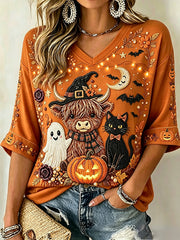 Women's Halloween Bead Highland Cow Ghost And Black Cat Print Mid-length Sleeves V-Neck T-Shirt