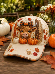 Unisex Vintage Autumn Cute Highland Cow Pumpkin Maple Leaf Art  Print Hat