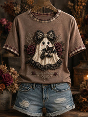 Women's Cute Ghost Plaid Patchwork T-Shirt