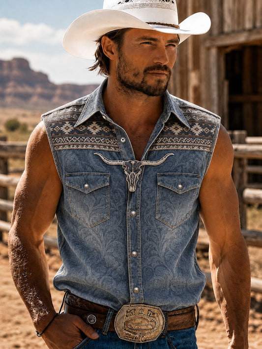 Men's Western Printed Sleeveless Shirt