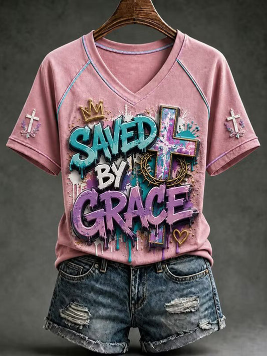 Women's Christian Cross V-neck Short Sleeve T-shirt