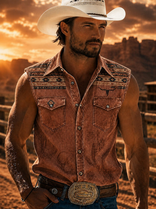 Men's Western Printed Sleeveless Shirt