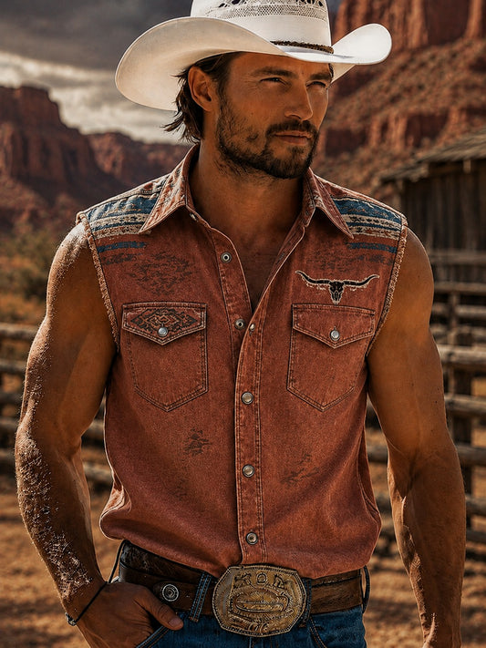 Men's Western Printed Sleeveless Shirt