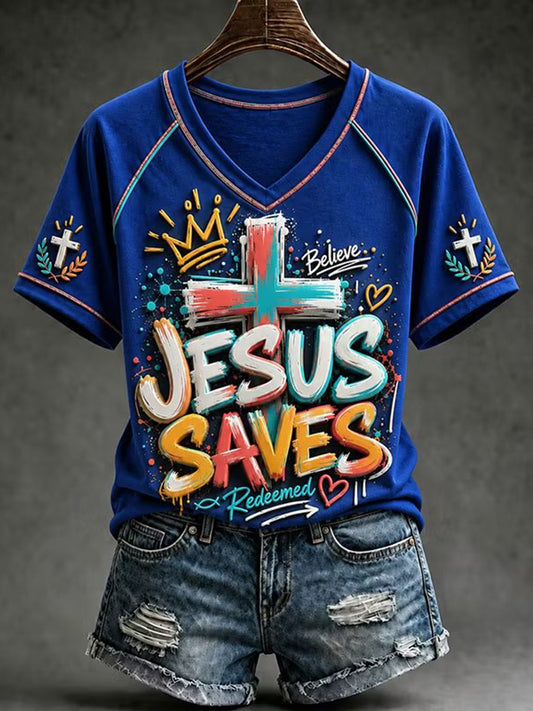 Women's Christian Cross V-neck Short Sleeve T-shirt