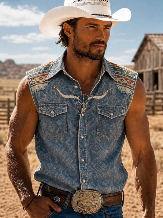 Men's Western Printed Sleeveless Shirt