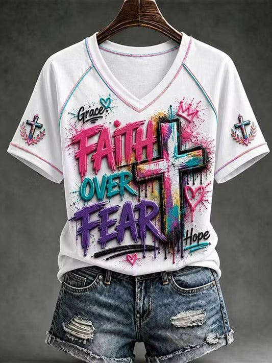 Women's Christian Cross V-neck Short Sleeve T-shirt