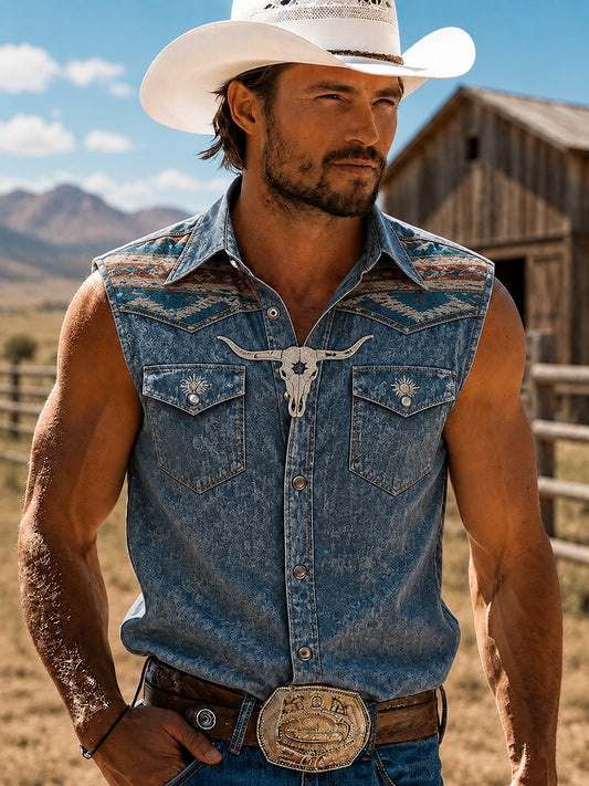 Men's Western Printed Sleeveless Shirt