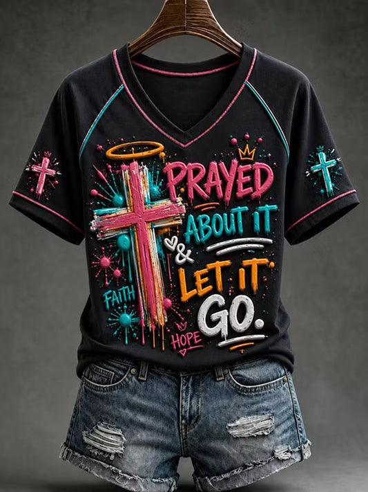 Women's Christian Cross V-neck Short Sleeve T-shirt