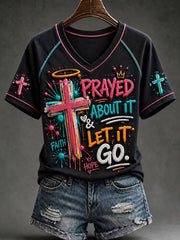 Women's Christian Cross V-neck Short Sleeve T-shirt