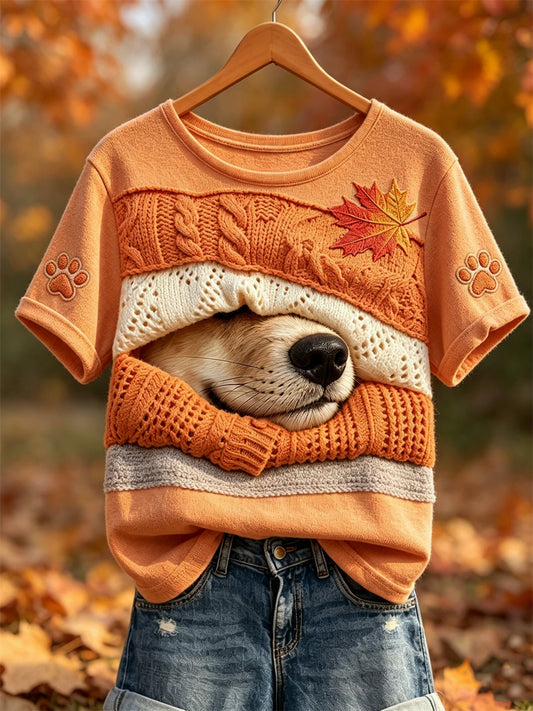 Women's Fall Cozy Peeking Dog in Blanket Paw & Maple Leaf Print short-sleeved T-shirt