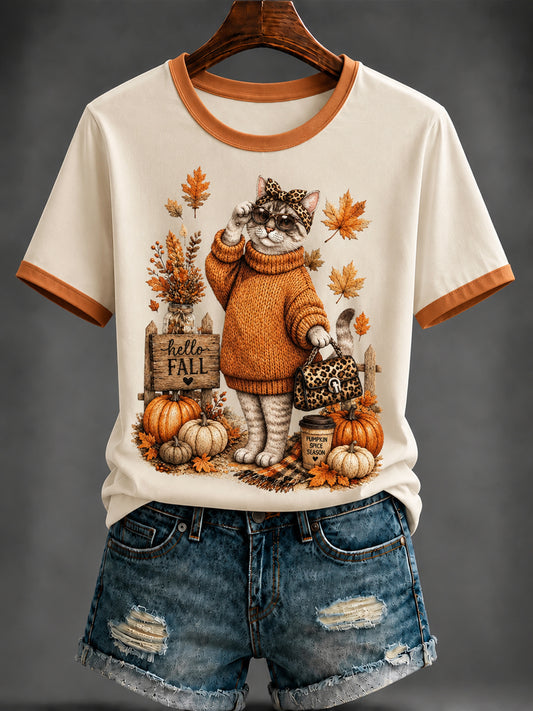 Women's Autumn Cute Cat Printed T-shirt