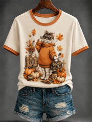 Women's Autumn Cute Cat Printed T-shirt