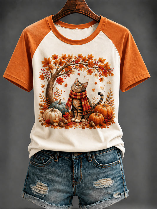 Women's Autumn Cute Cat Printed T-shirt