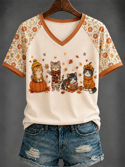 Women's Autumn Cute Cat Printed V-neck T-shirt