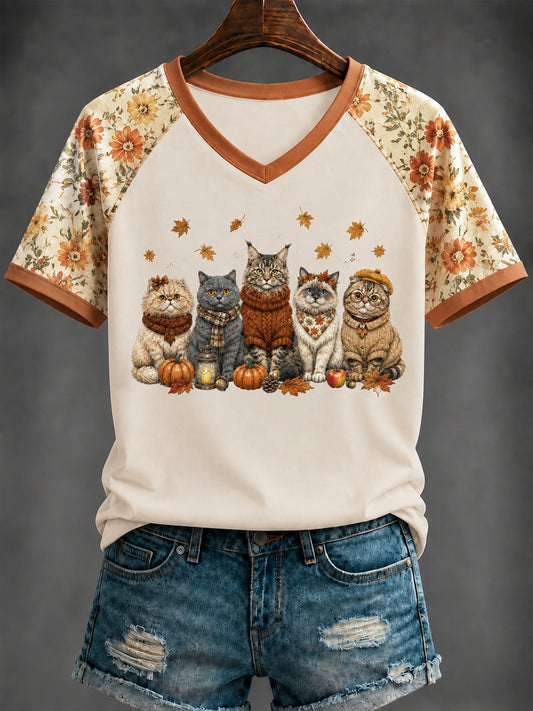 Women's Autumn Cute Cat Printed V-neck T-shirt