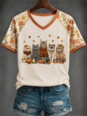 Women's Autumn Cute Cat Printed V-neck T-shirt