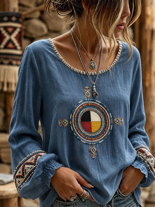 Women's Indigenous Art Cotton Linen Shirt