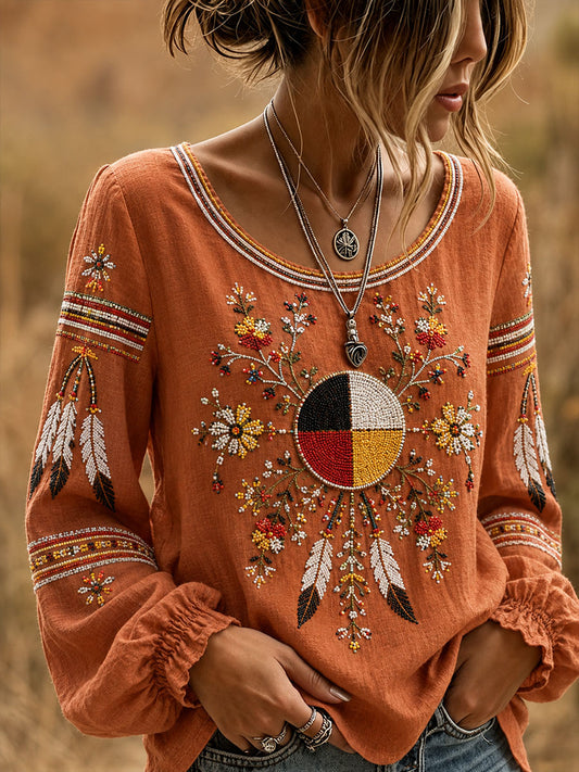 Women's Indigenous Art Cotton Linen Shirt