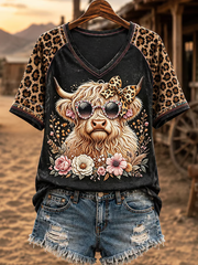 Women's Western Style Highland Cow Printed V-neck off-shoulder short-sleeved T-shirt
