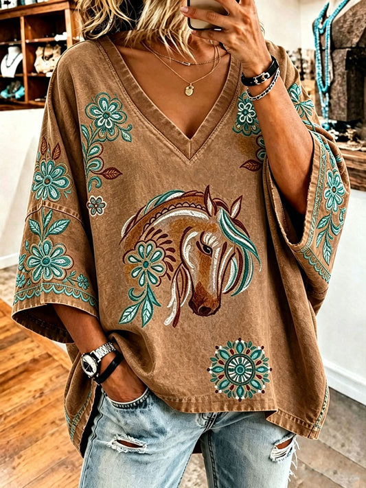 Women's Western Pattern V-neck T-shirt