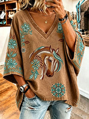 Women's Western Pattern V-neck T-shirt