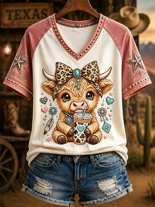 Women's Western Style Highland Cow Printed V-neck off-shoulder short-sleeved T-shirt