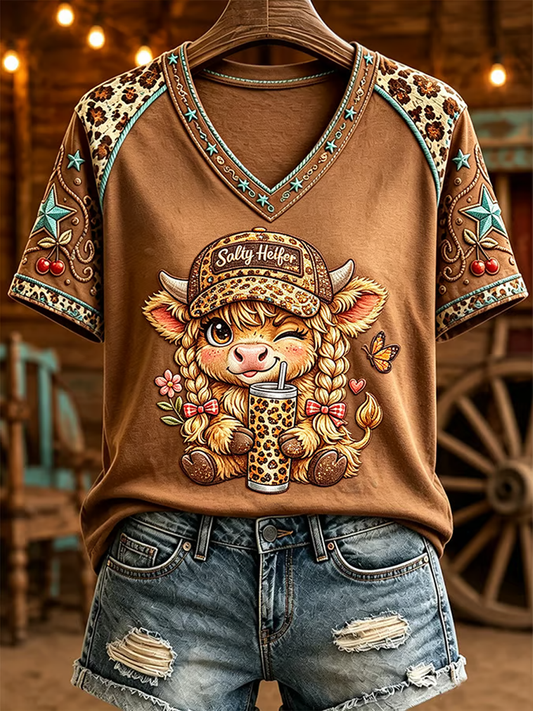 Women's Western Style Highland Cow Printed V-neck off-shoulder short-sleeved T-shirt
