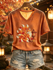 Women's Fox Maple Lantern Japanese Folklore Art Print Short-sleeved T-shirt