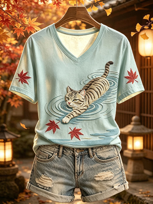 Women's Vintage Japanese Cat Autumn Art Print Short-sleeved T-shirt