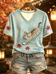 Women's Vintage Japanese Cat Autumn Art Print Short-sleeved T-shirt
