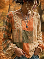 Women's Fall Patchwork Art Cotton Linen Shirt