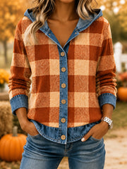 Women's Fall Season Plaid Print Denim Stitching Casual Hoodie
