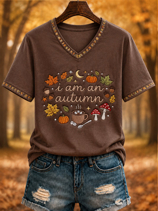 Women's Autumn Printed V-neck T-shirt