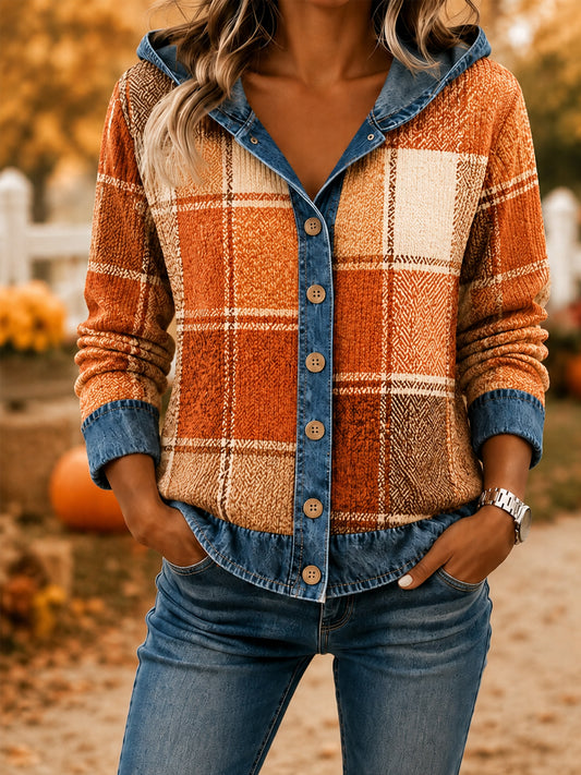 Women's Fall Season Plaid Print Denim Stitching Casual Hoodie