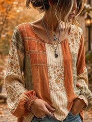 Women's Fall Patchwork Art Cotton Linen Shirt