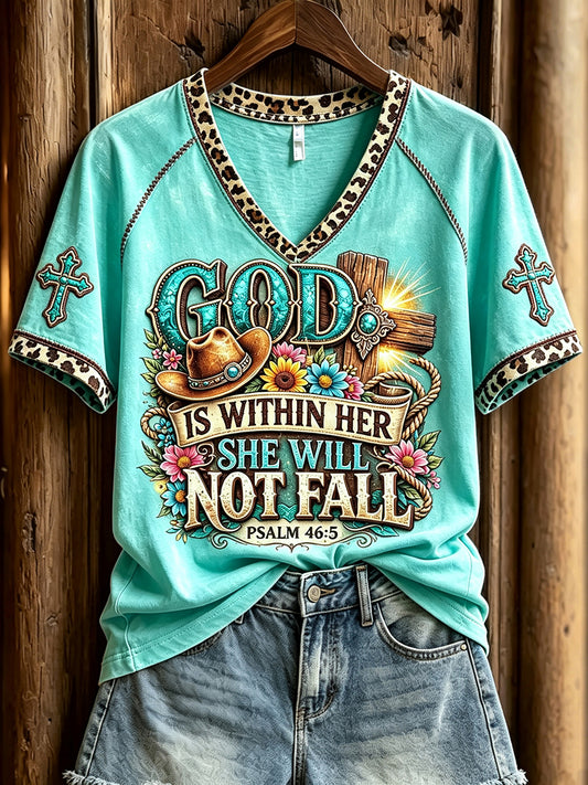 Women's Western God Is Within Her She Will Not Fall Print V-neck Short-sleeved T-shirt