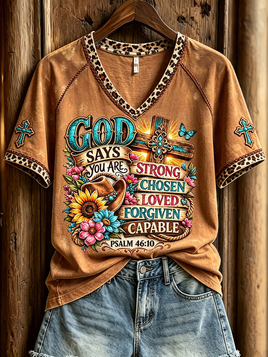Women's God Says You Are Strong Chosen Loved Forgiven Capable Print V-neck Short-sleeved T-shirt