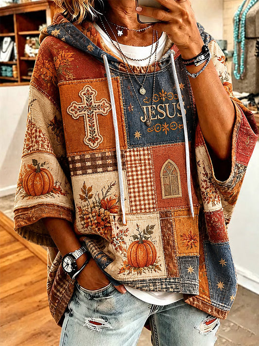 Women's Autumn Christian Cross Print Casual Short-Sleeve Hoodie