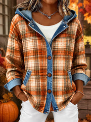 Women's Fall Plaid Print Denim Patchwork Hooded Cardigan