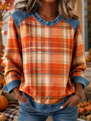 Women's Fall Plaid Print Denim Patchwork Top