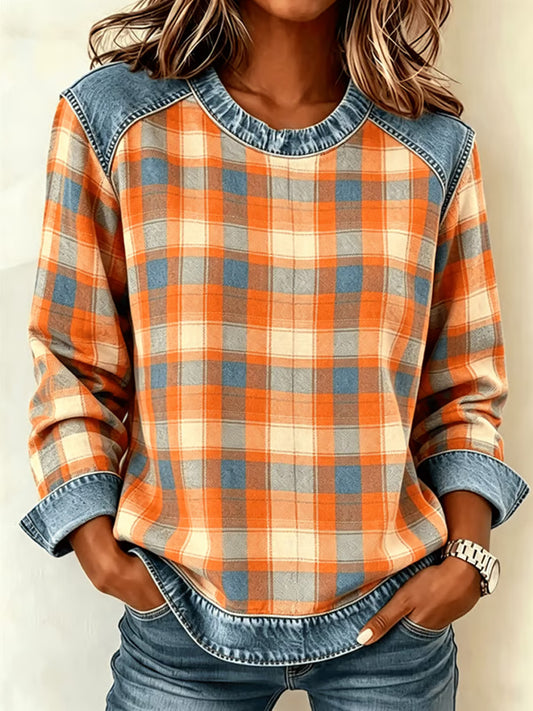 Women's Autumn Plaid Print Casual Tee