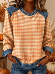 Women's Fall Plaid Print Denim Patchwork Top