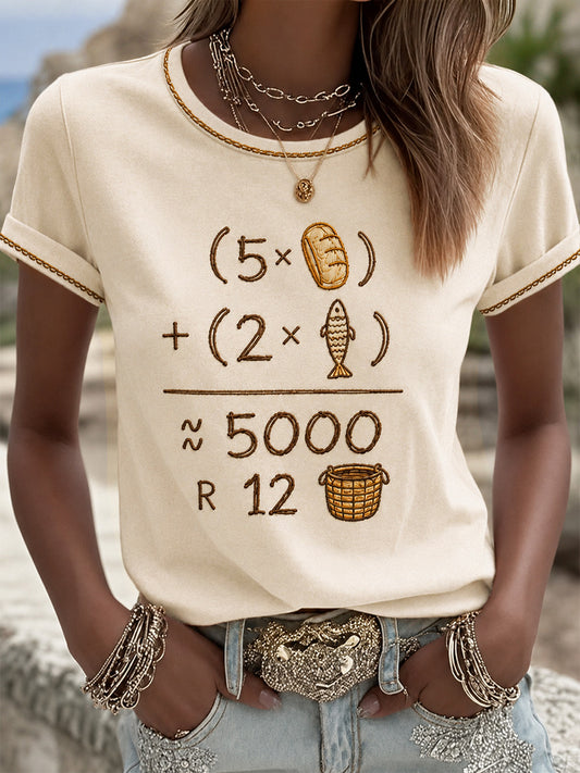 Women's Jesus 2 Fishes 5 Breads 5000 Print Casual Tee