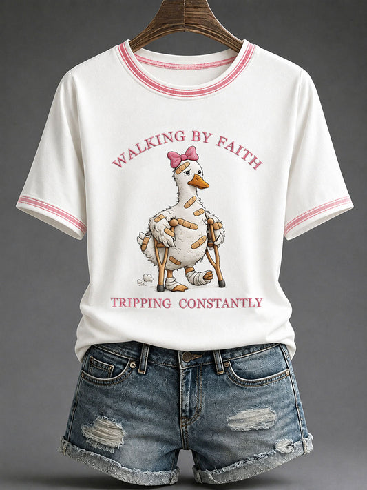 Women's 'Walking By Faith, Tripping Constantly' Printed Casual T-Shirt