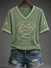 Women's Jesus 2 Fishes 5 Breads 5000 Print Casual V-Neck Tee