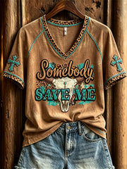Women's Somebody Save Me Bull Skull Turquoise Cross Western Print short-sleeved T-shirt