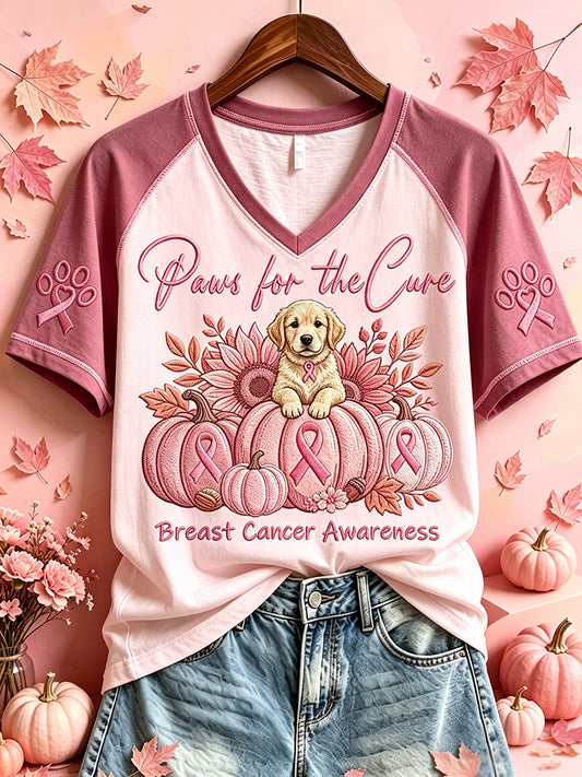 Women's Paws For The Cure Breast Cancer Awareness Dog Print V-neck Short-sleeved T-shirt