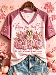 Women's Paws For The Cure Breast Cancer Awareness Dog Print V-neck Short-sleeved T-shirt