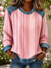 Women's Striped Print Denim Patchwork Top